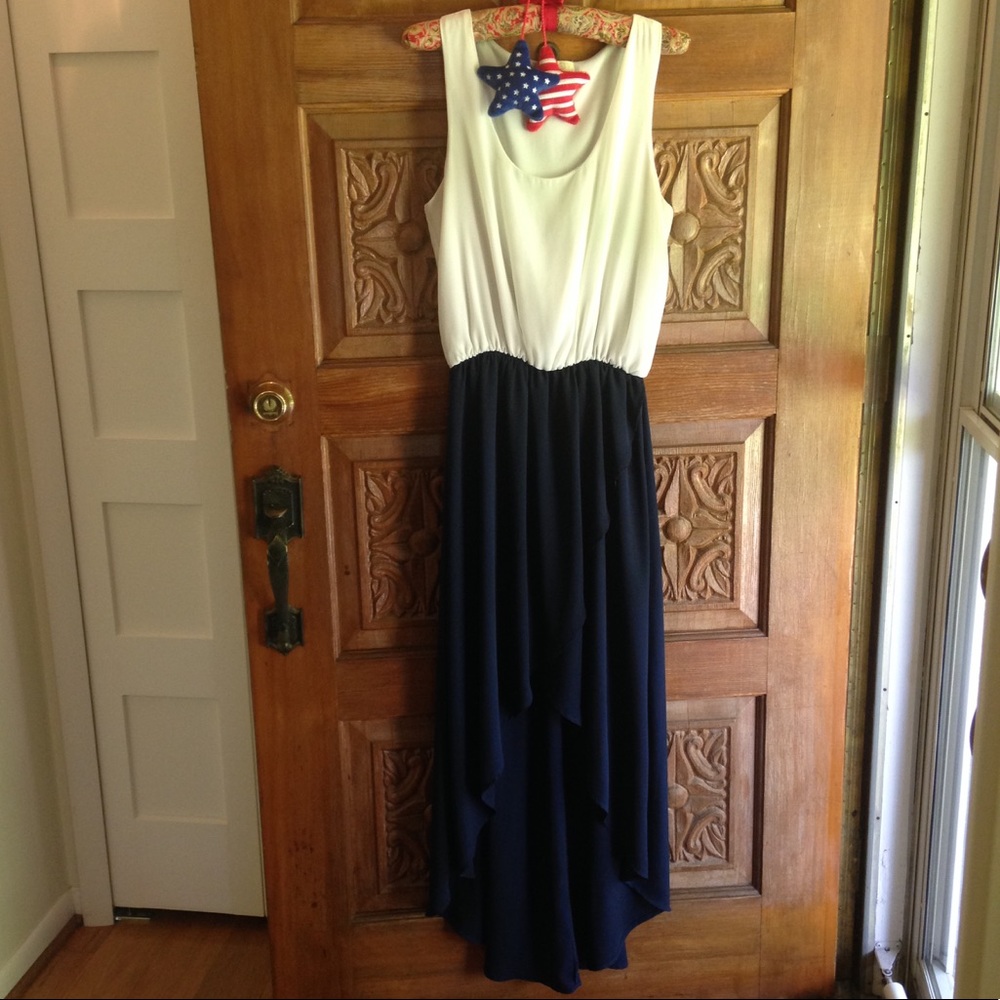 Navy & White Dress, "hi-low skirt"